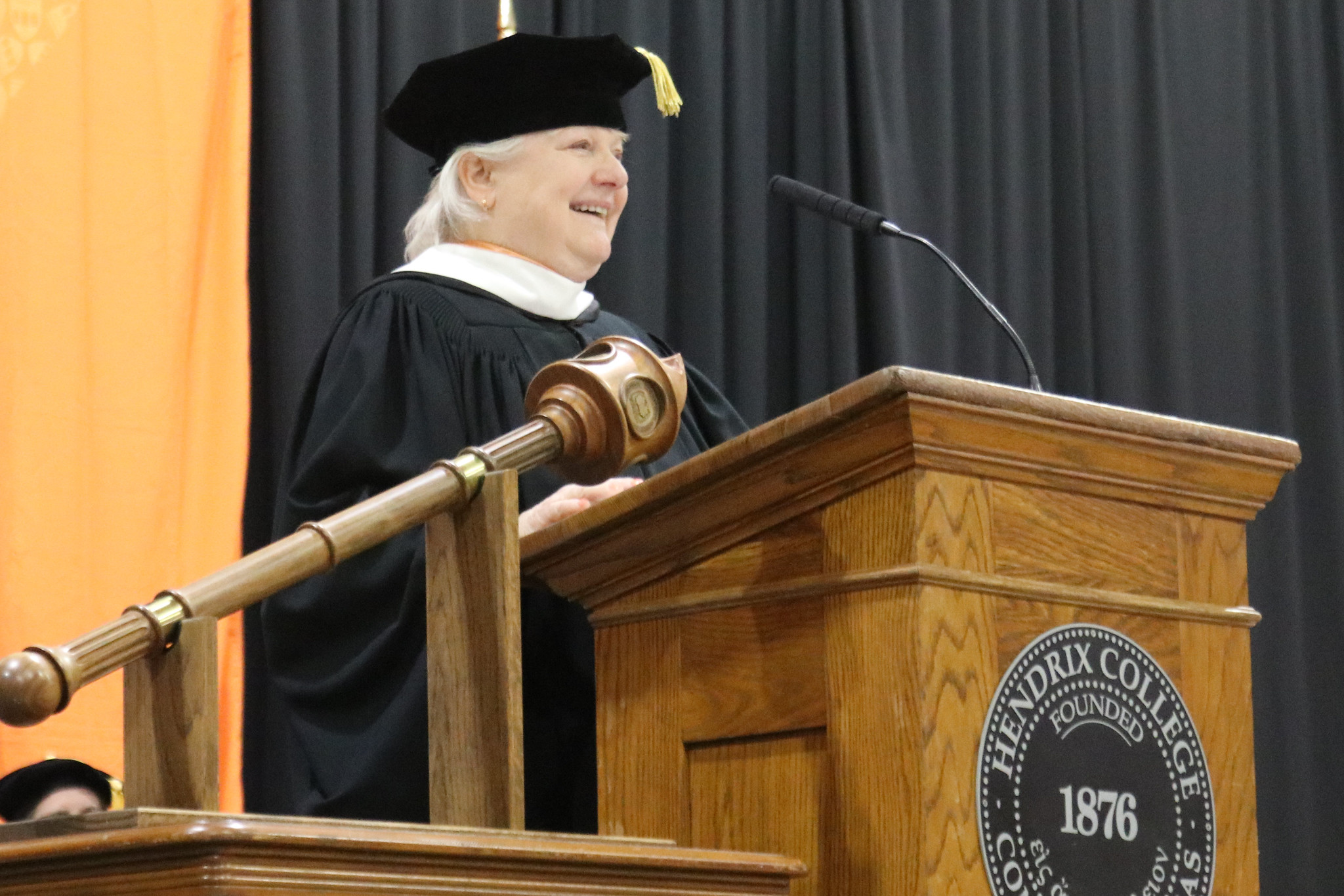 Sue Gattinger Farris '80 welcomes incoming students at the 2024 New Student Convocation.
